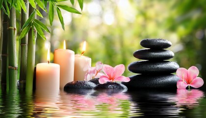 a peaceful spa scene featuring smooth black stones stacked flowing water candles and pink flowers amidst a lush green bamboo garden