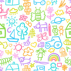 Vector seamless pattern from a collection of funny children's drawings hand-drawn in doodle style