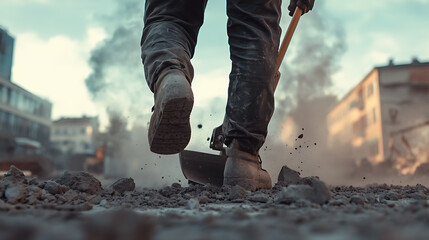 Construction Worker Walking with Shovel on Debris