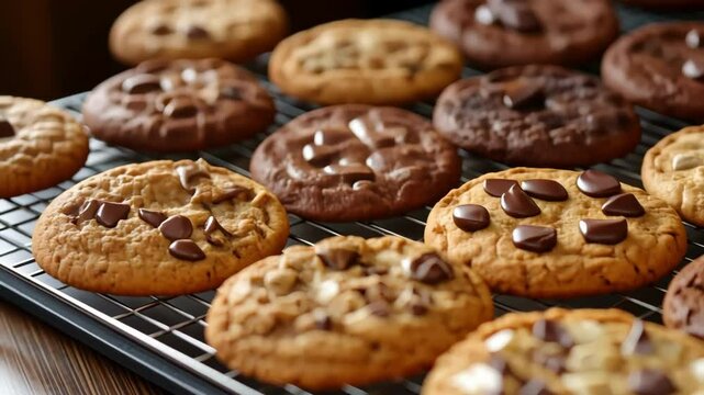assortment of chocolate chip cookies on cooling rack freshly baked, perfect for indulgent treat