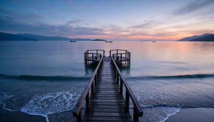 Obraz premium Serene Wooden Pier Extending into Calm Waters During Twilight for Travel Blogs, Nature Websites, Meditation Content, and Landscape Articles 