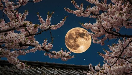 Full moon reflected in traditional Chinese roof tiles, surrounded by blooming cherry trees