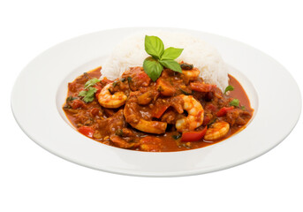 Fototapeta premium Delicious spicy shrimp curry with rice isolated on a white background, Png Transparent Background