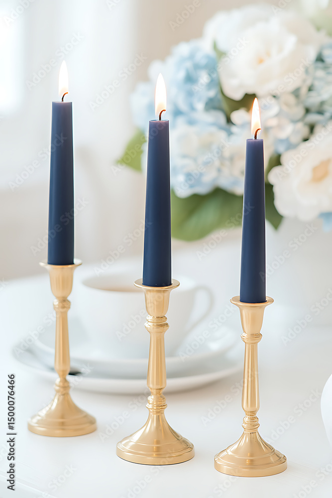 Poster candles glow on golden stands against a serene backdrop of flowers, creating a tranquil ambiance. pe