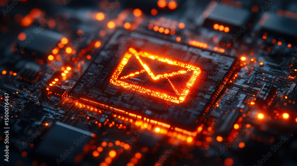 Poster illuminated circuit board with 3d email icon representing digital communication