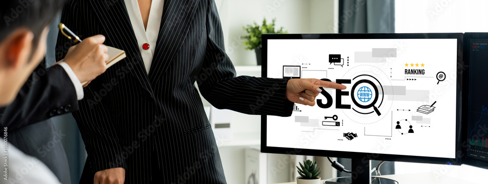 Poster seo search engine optimization for brisk e-commerce and online retail business showing on computer s