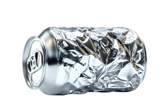 crumpled empty blank soda can isolated on white, transparent background. png image