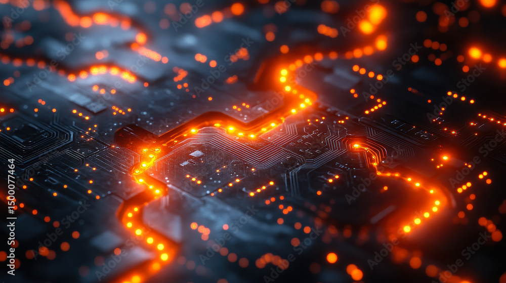 Aufkleber glowing circuit board with complex electric paths symbolizing advanced technology connectivity