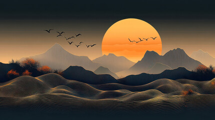 Fototapeta premium Abstract Mountain Landscape with Birds and Golden Sunrise on Dark Grey Background
