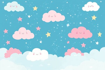 Cute clouds and stars in a pastel sky