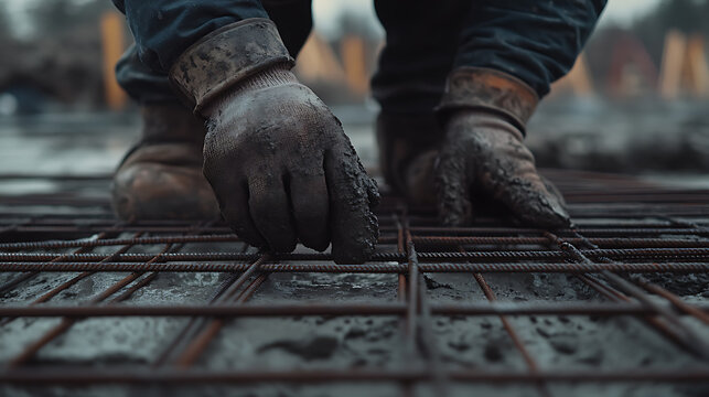 Construction Worker Handling Reinforcement Steel