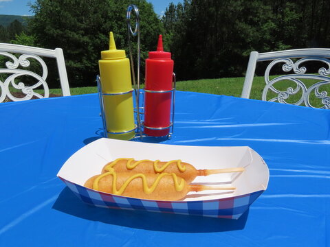 Corn Dogs, Corn Dog, national, mustard, ketchup, summer, food, backyard, table, home