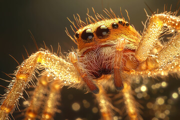 Fototapeta premium A close-up of a vibrant, golden jumping spider covered in glistening dew drops.