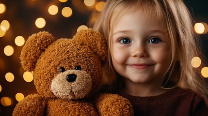 Young girl smiles next to her brown teddy bear with blurred festive lights shimmering in the background.