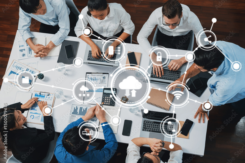 Poster A dynamic group of professionals collaborates on a computing project, utilizing cloud technology and data visualizations in a modern office setting, enhancing productivity. Amity