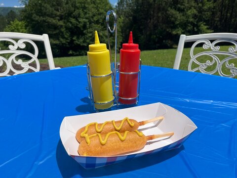 Corn Dogs, Corn Dog, mustard, ketchup, summer, food, backyard, table, home