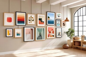 Modern art gallery wall in a cozy and bright interior space