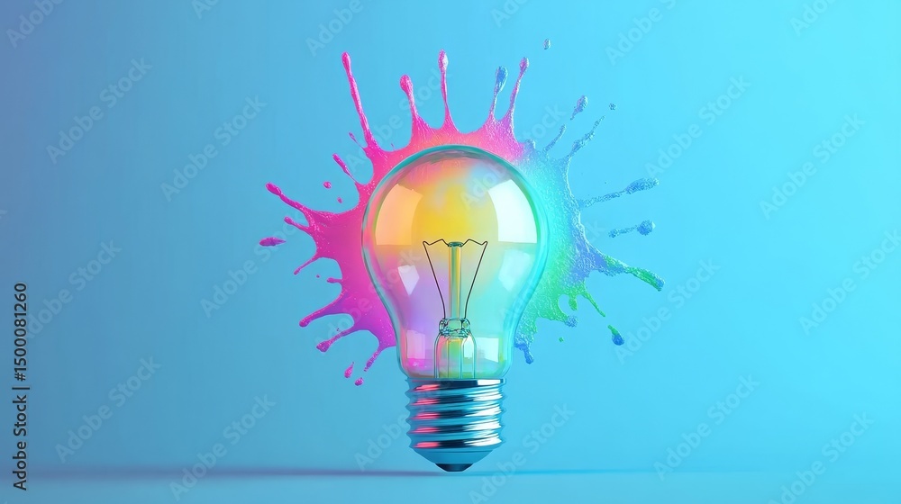 Poster brilliant burst of creativity with a colorful light bulb and vibrant paint splashes in a dynamic and