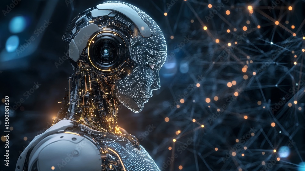 Aufkleber exploring the fusion of technology and humanity through a futuristic robotic figure amidst a backdro