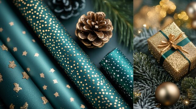 Elegant Green Wrapping Paper With Gold Accents, Pine Cones, and Festive Decorations for Holiday Gifting in a Cozy Atmosphere