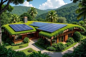 Obraz premium Sustainable Luxury Home with Green Roof and Solar Panels in Tropical Setting