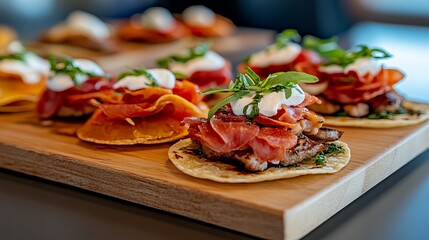 Appetizers with meat, cheese, and greens are arranged on a wooden board, ready to be served.