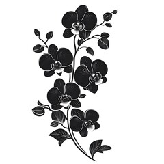 Fototapeta premium Elegant monochrome illustration of blooming orchid flowers on a stem with detailed petals perfect for design