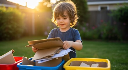 Child sorting recycling on a sunny day
