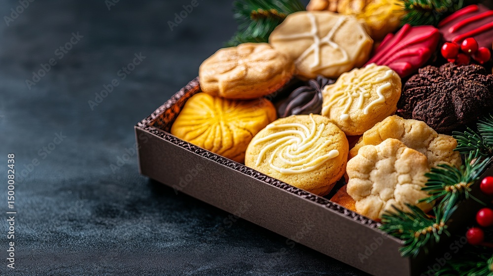 Poster assorted cookies are arranged in a brown box with greenery and red berries, set against a dark backd