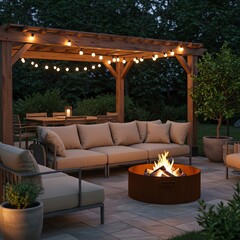 Cozy outdoor living space with fire pit and string lights at dusk ambience