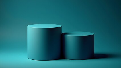 Two teal cylinders of different heights on a matching teal background studio shot
