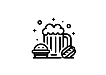 Beer with burger and hotdog icon in black outline style on white