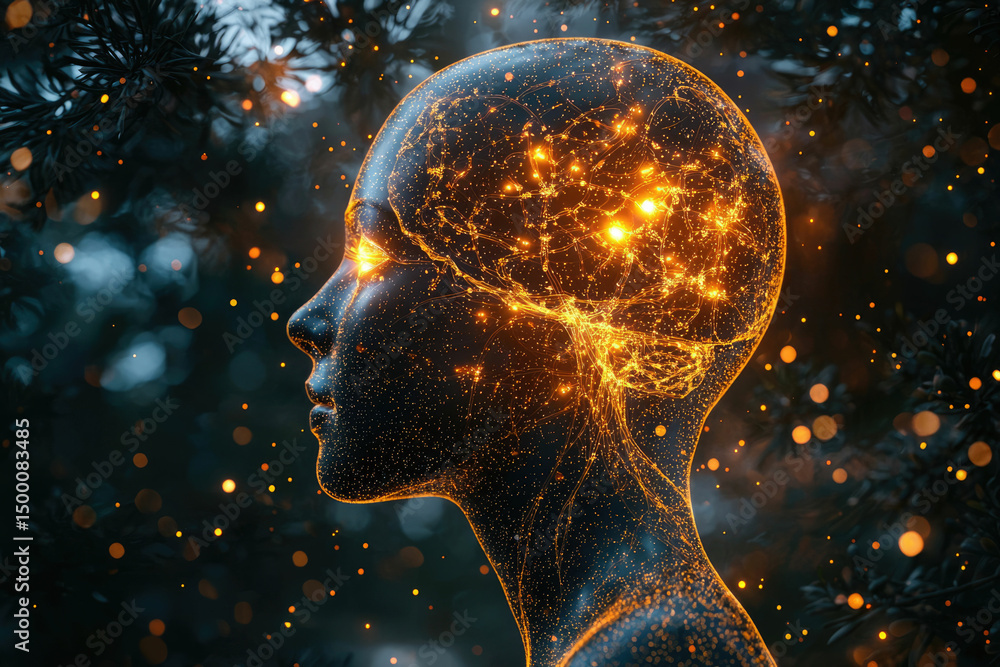 Aufkleber glowing neural network visualization of a human head, representing consciousness and cognitive proce