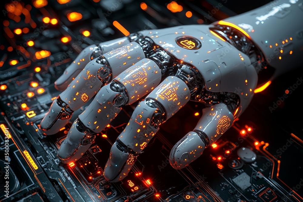Poster futuristic robotic hand interacting with a glowing circuit board in a high-tech laboratory filled wi
