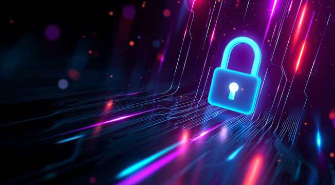 Server data protection concept with a futuristic padlock securing servers in a vibrant digital cityscape
