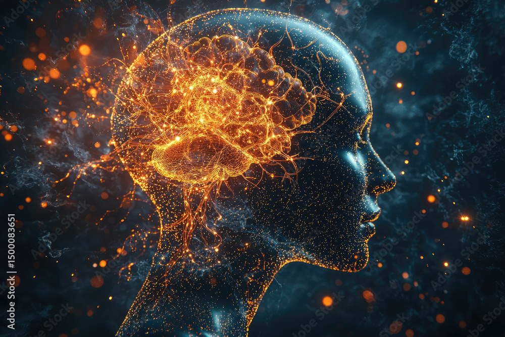 Poster a glowing brain within a stylized head, representing intelligence, consciousness, and neural network