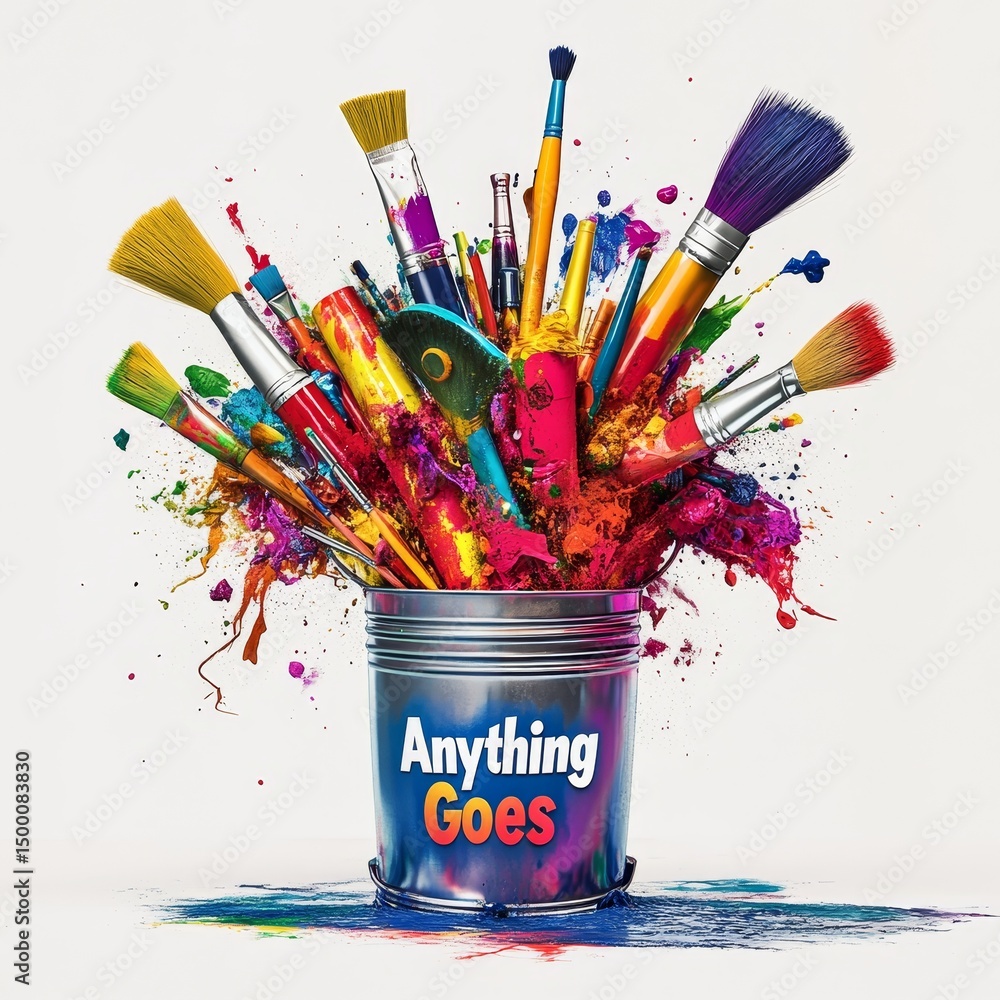 Poster vibrant explosion of creativity with an array of art supplies bursting from a paint can surrounded b