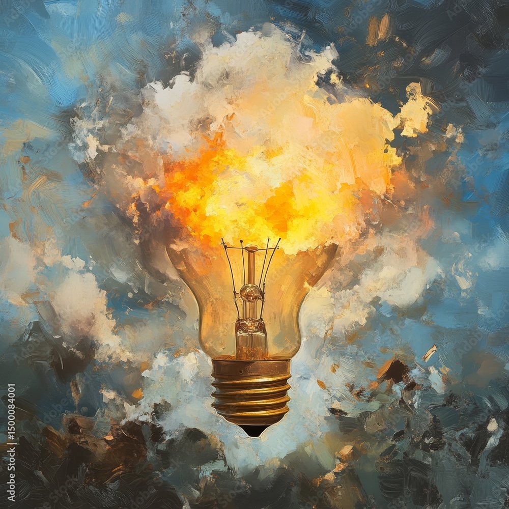 Poster creative explosion of ideas captured in an artistic light bulb illuminated against a vibrant backdro