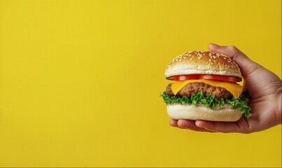 Man holding beef burger in his hand, yellow color background with copy space, hight detailed upscaled image