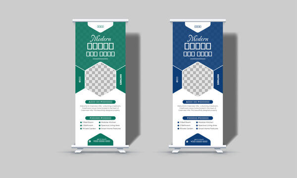 Modern roll-up banner design vector template for real estate business promotion, double color, geometric shape, simple layout, stand banner, pull-up roller banner, x-stand banner, yard sign design