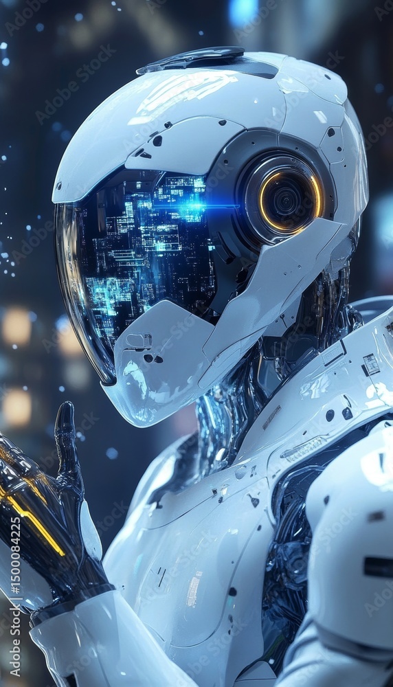 Aufkleber futuristic humanoid robot exploring a neon cityscape at night while gathering data from its surround