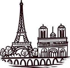 Obraz premium Iconic paris landmarks eiffel tower and notre dame sketch with trees and river