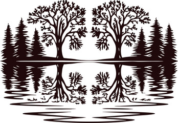 Symmetrical reflections of twin trees on a calm lakeside with pine forest background
