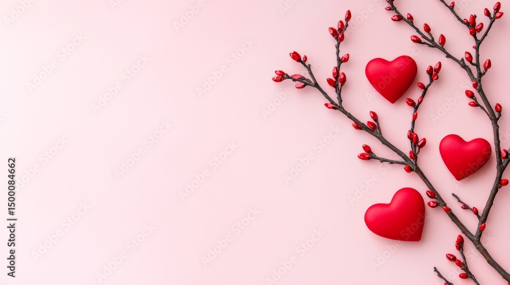 Poster pink background with three red hearts on a branch. concept of love and warmth, as the red hearts are