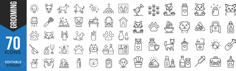 Pet Grooming Icon Set – Vector Line Icons for Dog & Cat Care

