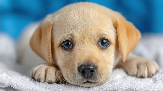 Cute golden labrador puppy resting on soft white blanket