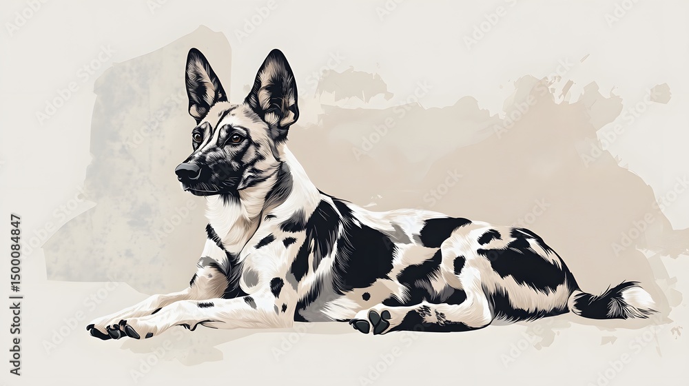 Poster cartoon wild dog in minimal design with soft patterns on a soft gray-beige background