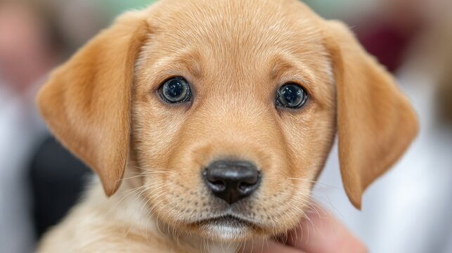 Cute golden Labrador puppy stares at the camera