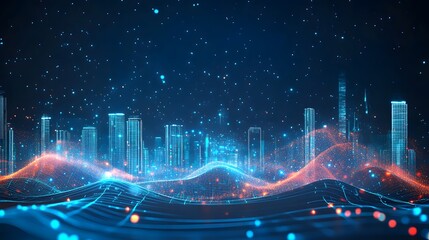 Futuristic cityscape with glowing buildings and abstract wave formations below