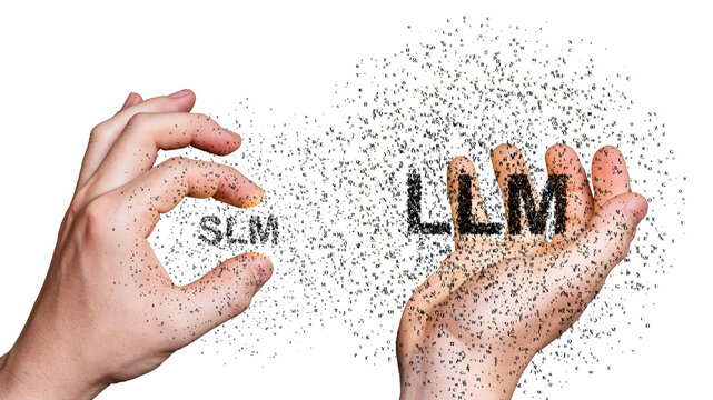 Two hands illustrate a symbolic contrast: one gently holds SLM (Small Learning Model), while the other showcases LLM (Large Learning Model), each formed from letters and numbers